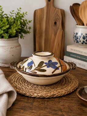 Vintage Japanese Donabe Lidded Casserole Clay Pot Floral Stoneware 9"